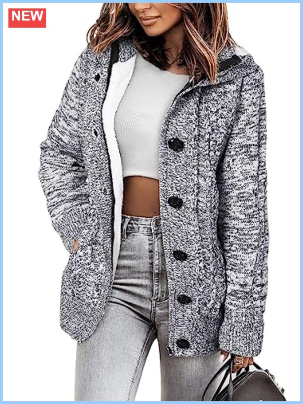 Fleece Lined Hooded Cardigan Sweater with Zipper and Buttons